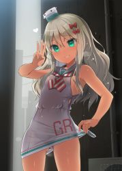 Rule 34 | 1girl, air conditioner, alley, bare shoulders, blonde hair, blush, bow, breasts, child, clothes lift, commentary request, cowboy shot, dress, dress lift, gluteal fold, grecale (kancolle), green eyes, hair between eyes, hair bow, hair ornament, heart, industrial pipe, kantai collection, long hair, looking at viewer, middle w, panties, ribbon, sailor collar, sailor dress, see-through, shin (new), side-tie dress, sleeveless, sleeveless dress, small breasts, smile, solo, sparkle, striped clothes, striped panties, tan, thighs, underwear, w, white dress, white ribbon, white sailor collar