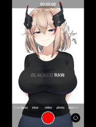 Rule 34 | 1girl, akaoni (zumt3548), alternate costume, arms behind back, azur lane, black shirt, blacked (meme), blacked (phrase), blonde hair, blush, breasts, brown eyes, closed mouth, clothes writing, commentary request, commission, cowboy shot, denim, doyagao, english text, fake phone screenshot, fake screenshot, hair between eyes, half-closed eyes, headgear, highres, jeans, large breasts, looking at viewer, meme, meme attire, multicolored hair, netorare, pants, pov, recording, red hair, roon (azur lane), shirt, short hair, short sleeves, sidelocks, simple background, skeb commission, smile, smug, solo, standing, streaked hair, t-shirt, taut clothes, taut shirt, viewfinder, white background