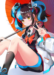 Rule 34 | 1girl, ankle bow, ankle ribbon, aqua hair, black bow, black bowtie, black hair, black sailor collar, black socks, blush, bow, bow legwear, bowtie, choker, commentary request, diamond (shape), down jacket, eyewear hang, fate/grand order, fate (series), feet out of frame, glasses, hair bow, hair ornament, hairclip, hand up, high ponytail, highres, holding, holding umbrella, hosiery bow, jacket, kneehighs, knees, knees up, leg ribbon, long sleeves, looking at viewer, miniskirt, multicolored hair, neon trim, obi, oil-paper umbrella, on floor, oversized clothes, pince-nez, print skirt, puffy long sleeves, puffy sleeves, red bow, red bowtie, red hair, ribbon, sailor collar, sailor shirt, sash, sei shounagon (fate), seigaiha, shadow, shirt, short sleeves, sidelocks, sitting, skirt, sleeve cuffs, smile, socks, solo, streaked hair, striped, sunglasses, tabi, thighs, tinted eyewear, tsukise miwa, twintails, umbrella, unworn eyewear, v, wavy hair, white background, yellow eyes, zipper