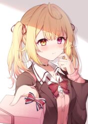 Rule 34 | 1girl, blazer, blonde hair, blush, bow, bowtie, box, breasts, brown jacket, cardigan, chocolate, collared shirt, embarrassed, gift, gift box, hair ornament, hair ribbon, heterochromia, highres, holding, holding gift, hoshikawa sara, hoshikawa sara (4th costume), incoming gift, jacket, jewelry, long hair, long sleeves, looking at viewer, medium breasts, nijisanji, pink cardigan, red bow, red bowtie, red eyes, red ribbon, ribbon, ring, school uniform, shirt, solo, twintails, valentine, virtual youtuber, white shirt, x hair ornament, yellow eyes, zky (oekaky)