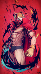 Rule 34 | 1boy, absurdres, arm strap, beard, blue panties, cape, collarbone, dog mask, facial hair, gloves, hataage! kemono michi, highres, kanchiyo, looking at viewer, male focus, mask, muscular, panties, red background, red cape, shibata genzou, short hair, silver hair, underwear, yellow gloves