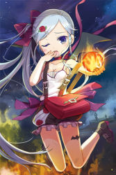Rule 34 | 1girl, asymmetrical hair, bag, bandages, bat wings, blue eyes, blue hair, blush, breasts, camisole, cleavage, fire, fireball, flower, frills, green fire, hair ornament, hair ribbon, hairclip, lowres, markings, matching hair/eyes, messenger bag, one eye closed, open mouth, ponytail, pyrokinesis, red rose, ribbon, rose, shoes, shoulder bag, side ponytail, small breasts, solo, sword girls, wings, wink, yeong-in, aged down