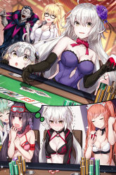 Rule 34 | 1boy, 6+girls, :d, ^ ^, ahoge, aqua hair, bare shoulders, bikini, black bikini, black gloves, black hair, black jacket, blonde hair, blush, breasts, casino card table, choker, cleavage, closed eyes, clothing cutout, collarbone, competition swimsuit, cup, cupping glass, dragon horns, dress, drinking glass, emphasis lines, fate/grand order, fate (series), flower, gilles de rais (caster) (fate), gilles de rais (saber) (fate), glasses, gloves, goggles, goggles on head, hair between eyes, hair flower, hair ornament, hairband, highres, hood, hooded jacket, horns, indoors, jacket, japanese clothes, jeanne d&#039;arc alter (swimsuit berserker) (fate), jeanne d&#039;arc (fate), jeanne d&#039;arc (ruler) (fate), jeanne d&#039;arc (swimsuit archer) (fate), jeanne d&#039;arc (swimsuit archer) (second ascension) (fate), jeanne d&#039;arc alter (fate), jeanne d&#039;arc alter (swimsuit berserker) (fate), jeanne d&#039;arc alter santa lily (fate), katoroku, kimono, kiyohime (fate), kiyohime (swimsuit lancer) (second ascension) (fate), large breasts, long hair, looking at viewer, medb (fate), medb (swimsuit saber) (fate), medb (swimsuit saber) (second ascension) (fate), medium breasts, multiple girls, navel cutout, neck ribbon, o-ring, o-ring bikini, official alternate costume, one-piece swimsuit, open mouth, osakabehime (fate), osakabehime (swimsuit archer) (fate), osakabehime (swimsuit archer) (second ascension) (fate), pink hair, pointing, poker chip, ponytail, purple dress, purple eyes, ribbon, shrug (clothing), silver hair, ski goggles, smile, sparkle, strapless, strapless dress, sweat, swimsuit, table, tearing up, tiara, twintails, very long hair, white bikini, white jacket, white one-piece swimsuit, wine glass, yellow eyes
