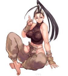 Rule 34 | 1girl, antenna hair, bare shoulders, barefoot, black hair, breasts, brown eyes, capcom, covered erect nipples, feet, full body, halterneck, high ponytail, hip vent, ibuki (street fighter), large breasts, long hair, looking at viewer, no panties, ponytail, shu-mai, sitting, smile, solo, street fighter, street fighter iii (series), white background