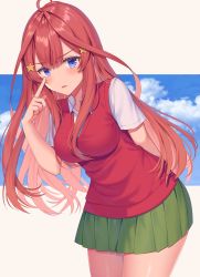 Rule 34 | 1girl, ahoge, akanbe, beige background, blue eyes, blue sky, blush, brown hair, closed mouth, cloud, cloudy sky, collared shirt, commentary request, day, eyelid pull, go-toubun no hanayome, green skirt, hair between eyes, hair ornament, hand up, highres, index finger raised, izumo neru, long hair, nakano itsuki, pleated skirt, red sweater, shirt, short sleeves, skirt, sky, sleeveless, sleeveless sweater, solo, star (symbol), star hair ornament, sweater, tongue, tongue out, very long hair, white shirt