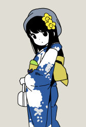 Rule 34 | 1girl, aoyama kotoha (mitsuboshi colors), bag, black hair, blue kimono, commentary request, cowboy shot, dot mouth, floral print, flower, grey background, grey hat, hair flower, hair ornament, hat, highres, holding, holding bag, japanese clothes, katsuwo (cr66g), kimono, long hair, long sleeves, looking at viewer, mitsuboshi colors, partially colored, simple background, solo, standing, wide sleeves, yukata