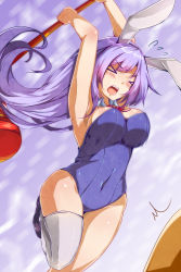 Rule 34 | &gt; &lt;, 1girl, alternate breast size, animal ears, armpits, arms up, artist request, bare shoulders, blush, bouncing breasts, breasts, covered navel, detached collar, erina (rabi-ribi), closed eyes, fake animal ears, highres, leotard, long hair, mallet, motion blur, open mouth, playboy bunny, purple hair, rabbit ears, rabi-ribi, shoes, single thighhigh, solo, standing, standing on one leg, thighhighs, very long hair, white thighhighs