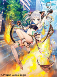 Rule 34 | 1girl, animal ears, animal hands, arm up, bandeau, blue sky, blush, building, cat ears, cat girl, cat tail, chain, closed mouth, cloud, cloudy sky, day, feet, fire, gloves, grey eyes, hina logi - from luck &amp; logic, midriff, navel, nina alexandrovna, no shoes, official art, outdoors, paw gloves, short shorts, shorts, silver hair, single thighhigh, sky, skyscraper, solo, spike ball, tail, thighhighs, tree, twintails, v-shaped eyebrows, white shorts, white thighhighs, yuuki rika