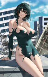 Rule 34 | 1girl, bare shoulders, bead necklace, beads, black hair, blue sky, blunt bangs, blurry, blurry background, bob cut, breasts, building, collarbone, commentary request, covered navel, day, dress, fubuki (one-punch man), fuooooo, green eyes, groin, head tilt, highres, jewelry, large breasts, looking at viewer, necklace, nipple slip, nipples, one-punch man, outdoors, paid reward available, parted lips, rubble, short hair, sitting, sky, solo, taut clothes, taut dress, thighs, torn clothes, torn dress, variant set
