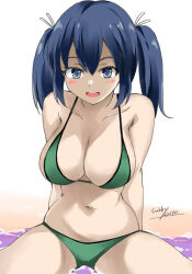 Rule 34 | 1girl, bikini, blue hair, breasts, cleavage, dated, gakky, green bikini, grey eyes, kantai collection, large breasts, long hair, one-hour drawing challenge, open mouth, round teeth, sitting, solo, souryuu (kancolle), spread legs, swimsuit, teeth, upper teeth only