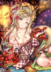 Rule 34 | 1girl, alcohol, animal ears, asa no ha (pattern), bare shoulders, beads, blanket, blurry, box, breasts, breasts out, checkered sash, cherry blossoms, collarbone, comb, copyright request, cover, cup, depth of field, downblouse, eyebrows, eyelashes, floral print, fox ears, fox tail, hair between eyes, hair ornament, hair stick, holding, holding smoking pipe, japanese clothes, kimono, kink (tortoiseshell), kiseru, lantern, leaning to the side, light brown hair, long hair, looking at viewer, loose clothes, magazine cover, night, nipples, no panties, obi, off shoulder, official art, oil-paper umbrella, oiran, parted lips, petals, railing, sakazuki, sake, sash, shade, sitting, small breasts, smile, smoke, smoking, smoking pipe, solo, spill, swept bangs, tail, tail censor, tokkuri, umbrella, yellow eyes, yokozuwari, yuujo