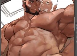 Rule 34 | 1boy, abs, armpits, bandaid, bandaid on cheek, bandaid on face, bara, bare pectorals, beard, black hair, bulge, chocolate, chocolate on body, chocolate on pectorals, completely nude, cyphers, damian doyle (cyphers), dark-skinned male, dark skin, facial hair, food on body, gomtang, large pectorals, male focus, male pubic hair, mature male, mohawk, muscular, muscular male, nantaimori, navel, navel hair, nipples, nude, out-of-frame censoring, pectoral cleavage, pectorals, penis, pubic hair, short hair, sideburns, sidepec, solo, stomach, stubble, thick thighs, thighs, third-party source, unfinished