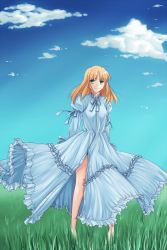 Rule 34 | 1girl, ahoge, artoria pendragon (all), artoria pendragon (fate), blonde hair, bow, cloud, day, dress, fate/stay night, fate (series), frills, full body, grass, green eyes, hair down, highres, official alternate costume, saber (fate), sky, solo, tusia