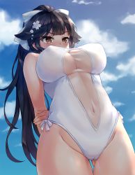 Rule 34 | 1girl, arms behind back, azur lane, black hair, blue sky, bow, breasts, brown eyes, casual one-piece swimsuit, chaou, cloud, cowboy shot, criss-cross halter, day, from below, hair bow, hair flaps, halterneck, large breasts, long hair, navel, one-piece swimsuit, outdoors, ponytail, see-through, sky, solo, swimsuit, takao (azur lane), white bow, white one-piece swimsuit
