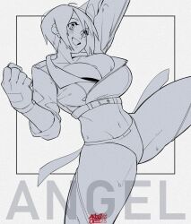 Rule 34 | 1girl, angel (kof), bra, breasts, cleavage, fingerless gloves, gloves, grin, hair over one eye, highres, large breasts, leg lift, legs, midriff, monochrome, navel, short hair, smile, snk, solo, strapless, strapless bra, sweat, the king of fighters, thighs, underwear