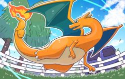 Rule 34 | car, charizard, charmander, claws, cloud, commentary request, creatures (company), day, fence, flame-tipped tail, flying, from below, game freak, gen 1 pokemon, grass, hatoro kuroyoshi, looking back, motor vehicle, nintendo, no humans, outdoors, pokemon, pokemon (creature), sky, tree
