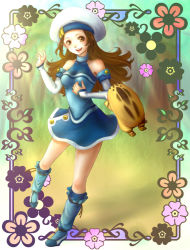 Rule 34 | 1girl, bare shoulders, beret, brown eyes, brown hair, detached sleeves, female focus, flower, full body, gensou suikoden, gensou suikoden ii, hat, long hair, millie (suikoden), nature, open mouth, outdoors, skirt, solo, yusoson