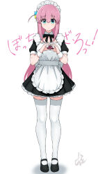 Rule 34 | 1girl, absurdres, apron, black dress, black footwear, black ribbon, black thighhighs, blue eyes, bocchi the rock!, breasts, closed mouth, commentary request, copyright name, cube hair ornament, dress, full body, gotoh hitori, hair ornament, heart, heart hands, highres, hylran0427, loafers, long hair, looking at viewer, maid, maid headdress, medium breasts, neck ribbon, one side up, pink hair, ribbon, shoes, short sleeves, sidelocks, simple background, solo, standing, straight-on, thighhighs, white apron, white background, wrist cuffs, zettai ryouiki