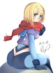 Rule 34 | 10s, 1girl, absurdres, artist request, ass, blonde hair, blue eyes, blush, bodysuit, breasts, butt crack, cameltoe, frown, gloves, hairband, heavy object, highres, looking at viewer, looking back, milinda brantini, scarf, short hair, sideboob, sitting, solo