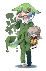 Rule 34 | 1girl, absurdres, animal ears, barefoot, blush stickers, bobblehat, buttons, datemegane, doll, drooling, ears down, green hair, green headwear, green pajamas, green pants, grey hair, hair ornament, highres, holding, holding stuffed toy, kasukabe tsumugi, one eye closed, open mouth, pajamas, pants, simple background, single bare shoulder, sleepy, solo, stuffed toy, unworn headwear, voicevox, walking, white background, yellow eyes, zundamon
