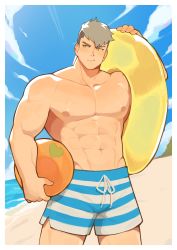 Rule 34 | 1boy, abs, absurdres, bara, beach, commentary, damao (all saints street), highres, large pectorals, male focus, mature male, muscular, muscular male, navel, nipples, pectorals, reji ( rejisen), solo, stomach, topless male, wansheng jie