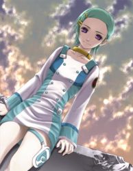 Rule 34 | 00s, 1girl, aqua hair, araki maki, arm support, buttons, cloud, dress, dutch angle, eureka (eureka seven), eureka seven, eureka seven (series), female focus, flat chest, from below, hair ornament, hairclip, holster, jewelry, light smile, looking at viewer, looking down, neck ring, necklace, outdoors, pale skin, purple eyes, short dress, short hair, sitting, sky, smile, solo, thigh holster, thigh strap, thighs