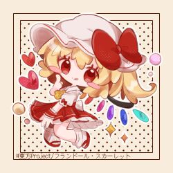 Rule 34 | 1girl, absurdres, blonde hair, blush stickers, chibi, crystal wings, dress, flandre scarlet, full body, hat, hat ribbon, heart, highres, inukkomaru, mob cap, red dress, red eyes, red ribbon, ribbon, solo, tongue, tongue out, touhou, wrist cuffs