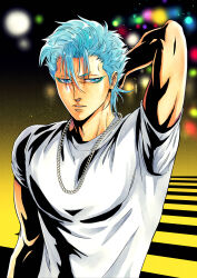 Rule 34 | 1boy, absurdres, alternate costume, arm at side, arm behind head, arm up, black background, bleach, blue eyes, blue hair, chain, chain necklace, commentary, contemporary, english commentary, eyebrows hidden by hair, facial mark, gradient background, grimmjow jaegerjaquez, hair between eyes, highres, jewelry, looking at viewer, male focus, muscular, muscular male, necklace, nose, parted lips, shirt, short eyebrows, short hair, short sleeves, simple background, solo, spiked hair, upper body, v-shaped eyebrows, white shirt, yellow background, yshjsw