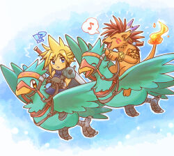 Rule 34 | !?, 1boy, blonde hair, blue eyes, brown eyes, chocobo, closed eyes, cloud strife, earrings, final fantasy, final fantasy vii, flame-tipped tail, flying, happy, jewelry, male focus, musical note, open mouth, red xiii, riding, shuri (syurigame), spoken musical note