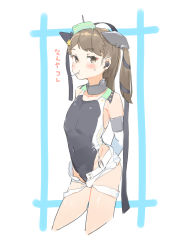 Rule 34 | 1girl, absurdres, alternate hairstyle, aqua hat, arms behind back, black one-piece swimsuit, brown eyes, brown hair, co botan, competition swimsuit, cosplay, cowboy shot, cropped legs, garrison cap, gloves, hair ornament, hat, highleg, highleg swimsuit, highres, kantai collection, long hair, looking at viewer, mouth hold, one-piece swimsuit, ryuujou (kancolle), scamp (kancolle), scamp (kancolle) (cosplay), short shorts, shorts, side ponytail, solo, star (symbol), star hair ornament, swimsuit, translation request, white background, white gloves, white shorts