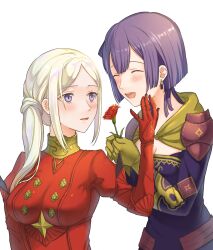 2girls :d ^_^ bernadetta_von_varley bernadetta_von_varley_(post_timeskip) blush breasts carnation cleavage closed_eyes commentary_request dress earrings edelgard_von_hresvelg edelgard_von_hresvelg_(post_timeskip) fire_emblem fire_emblem:_three_houses flower fukuroumori giving giving_flower gloves hand_on_another&#039;s_cheek hand_on_another&#039;s_face highres holding holding_flower jewelry long_hair long_sleeves multiple_girls nintendo open_mouth parted_lips purple_eyes purple_hair red_carnation red_flower side_ponytail simple_background smile upper_body white_background white_hair yellow_gloves yuri