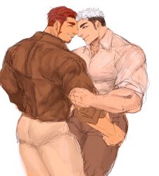 Rule 34 | 2boys, 392mondo, bara, cowboy shot, ear piercing, facial hair, from side, goatee, highres, large pectorals, long sideburns, male focus, mature male, medium sideburns, multiple boys, muscular, muscular male, noses touching, original, pants, pectorals, piercing, profile, red hair, short hair, sideburns, smile, thick eyebrows, undercut, unfinished, white hair, yaoi
