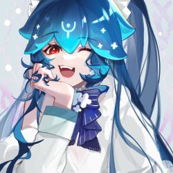 Rule 34 | 1girl, :d, bao (vtuber), bao (vtuber) (3rd costume), blue bow, blue choker, blue hair, bow, chinese commentary, choker, fangs, hair between eyes, hair ribbon, hand on own cheek, hand on own face, highres, hood, hood down, hoodie, indie virtual youtuber, long hair, long sleeves, looking at viewer, one eye closed, open mouth, portrait, red eyes, ribbon, smile, solo, virtual youtuber, waxy, white hoodie, white ribbon