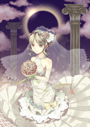 Rule 34 | 1girl, architecture, bad id, bad pixiv id, bare shoulders, blonde hair, bouquet, bow, cloud, column, dress, eclipse, elbow gloves, flower, gloves, hair flower, hair ornament, holding, jewelry, necklace, original, pillar, solo, unya (unya-unya), veil, wedding dress, white gloves, yellow eyes