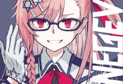 Rule 34 | 1girl, asymmetrical hair, blue-framed eyewear, blue background, blush, bow, braid, character name, collared jacket, girls&#039; frontline, glasses, glove pull, gloves, grey shirt, hair between eyes, hair ornament, hair over shoulder, hair ribbon, hairclip, hexagram, highres, jacket, long hair, looking at viewer, negev (girls&#039; frontline), papaia (quentingqoo), parted lips, pink hair, red bow, red eyes, ribbon, shirt, simple background, smile, solo, star of david, white gloves