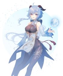 Rule 34 | 1girl, 720yen, ahoge, bare shoulders, bell, black legwear, blue hair, bodystocking, bodysuit, bow, breasts, chinese knot, crotch, detached sleeves, flower knot, ganyu (genshin impact), genshin impact, gluteal fold, groin, highres, horns, long hair, looking at viewer, medium breasts, neck bell, no gloves, open mouth, orb, pelvic curtain, purple eyes, qilin (mythology), red rope, rope, sidelocks, smile, solo, standing, tassel, thighlet, thighs, vision (genshin impact), white background, white sleeves