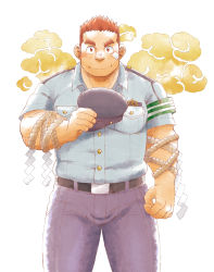 Rule 34 | 1boy, bandaid, bandaid on cheek, bandaid on face, bara, blue pants, blush, brown hair, bulge, cloud, ei (marutendon), feet out of frame, fire deity (housamo), hat, looking at viewer, male focus, muscular, muscular male, pants, pectorals, police, police hat, police uniform, short hair, smile, solo, straight-on, thick thighs, thighs, tokyo houkago summoners, uniform