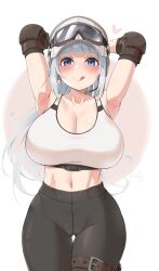 Rule 34 | 1girl, :d, armpits, arms behind head, black leggings, blue eyes, blue hair, blush, breasts, cleavage, closed mouth, cowboy shot, elbow pads, gluteal fold, goggles, goggles on head, harry (dudwofla), hat, heart, highres, huge breasts, leggings, looking at viewer, matching hair/eyes, midriff, navel, open mouth, original, simple background, smile, solo, standing, tank top, thigh gap, tongue, tongue out, white background, white hat, white tank top