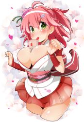 Rule 34 | 1girl, ahoge, armband, arms up, bare shoulders, belt, blush, breasts, bubble tea, bubble tea challenge, bursting breasts, cleavage, cleavage cutout, clothing cutout, cup, detached sleeves, disposable cup, dress, drinking straw, floral background, flower, full-face blush, green eyes, hair flower, hair ornament, hairclip, heart, hololive, large breasts, medium hair, nail polish, nontraditional miko, object on breast, one side up, pink hair, pink nails, sakura miko, sakura miko (old design), semahiro, shiny skin, solo, virtual youtuber