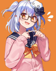 Rule 34 | 1boy, absurdres, blue hair, bow, bowtie, fang, glasses, hair bow, hair ornament, highres, inuyama tamaki, looking at viewer, noripro, open mouth, orange background, orange eyes, sailor collar, simple background, solo, trap, two side up, virtual youtuber, yumesaki nana
