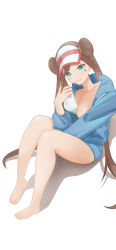 Rule 34 | 1girl, absurdres, ayan (ayanart), bare legs, barefoot, blue jacket, breasts, brown hair, closed mouth, collarbone, commentary request, creatures (company), double bun, game freak, green eyes, hair bun, hand up, head tilt, highres, hood, hood down, hooded jacket, jacket, long hair, medium breasts, mouth hold, nintendo, one breast out, pigeon-toed, pokemon, pokemon bw2, rosa (pokemon), shirt, sitting, smile, solo, toes, twintails, visor cap, white shirt