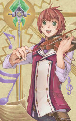 Rule 34 | 1boy, 344 (sola), beamed sixteenth notes, belt pouch, bow (music), eighth note, eiyuu densetsu, elliot craig, green eyes, holding, holding instrument, holding violin, instrument, jacket, mage staff, male focus, musical note, open mouth, pouch, red hair, school uniform, sen no kiseki, short hair, smile, solo, staff, thors military academy class vii uniform, treble clef, upper body, violin