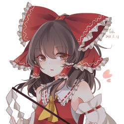 Rule 34 | 1girl, bare shoulders, blush, bow, dated, detached sleeves, frilled bow, frilled hair tubes, frilled shirt collar, frills, gohei, hair bow, hair tubes, hakurei reimu, heart, holding, large bow, long hair, looking at viewer, parted lips, red bow, red shirt, ribbon-trimmed sleeves, ribbon trim, shirt, sidelocks, simple background, solo, toriki, touhou, upper body, white background