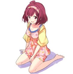 Rule 34 | 1girl, :d, ahoge, bad id, bad twitter id, barefoot, blush, dated, dress, floral print, hairband, jpeg artifacts, kasukabe haru, mirai denki, open mouth, pink dress, pink hairband, red eyes, red hair, short hair, simple background, smile, solo, tokyo 7th sisters, white background