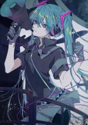 Rule 34 | cable, green eyes, green hair, green skirt, hand up, hatsune miku, highres, skirt, tomo7xxxx, twintails, vocaloid