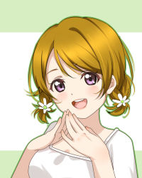Rule 34 | 10s, 1girl, alternate hairstyle, brown hair, clouble, daisy, fingers together, flower, hair flower, hair ornament, hands on own chest, highres, koizumi hanayo, lips, looking at viewer, love live!, love live! school idol project, open mouth, purple eyes, shirt, simple background, smile, solo, two side up, white shirt