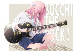 Rule 34 | 1girl, absurdres, barefoot, bocchi the rock!, crossed legs, gotoh hitori, guitar, highres, instrument, music, pink hair, playing instrument, shigure (sigre), shirt, shorts, sitting, solo, t-shirt