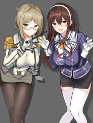 Rule 34 | abataa, absurdres, ashigara (kancolle), ashigara kai ni (kancolle), black pantyhose, black skirt, breasts, brown eyes, buttons, collared shirt, commission, curled fingers, double-breasted, epaulettes, feet out of frame, folded ponytail, glasses, gloves, green eyes, grey background, grey shirt, grey skirt, hairband, highres, kantai collection, katori (kancolle), kikumon, knees together feet apart, large breasts, leaning forward, light brown hair, long hair, looking at viewer, military, military uniform, multicolored ascot, pantyhose, parted bangs, pencil skirt, pointer, red-framed eyewear, riding crop, rimless eyewear, shirt, skeb commission, skirt, standing, thighhighs, uniform, white gloves, white thighhighs
