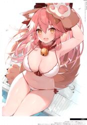 Rule 34 | 1girl, absurdres, animal ear fluff, animal ears, animal hands, arm support, arm up, armpits, bell, bikini, bow, breasts, brown eyes, cleavage, collar, fang, fate/grand order, fate (series), fox tail, hair bow, halterneck, highres, jingle bell, large breasts, long hair, looking at viewer, muryotaro, navel, neck bell, open mouth, paw print, pink hair, pool, poolside, red bow, scan, shiny skin, side-tie bikini bottom, sitting, smile, solo, swimsuit, tail, tamamo (fate), tamamo cat (fate), thighs, wet, white bikini
