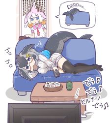 Rule 34 | 10s, 2girls, puff of air, anchor hair ornament, aqua hair, bead curtain, blowhole, blue eyes, blue whale (kemono friends), blush, briefcase, cetacean tail, chinese white dolphin (kemono friends), commentary request, couch, dress, fins, fish tail, glasses, grey hair, hair ornament, hair tie, kemono friends, long hair, long sleeves, lying, mojibake commentary, multicolored hair, multiple girls, musical note, necktie, on side, orange hair, partially translated, pink hair, puffy short sleeves, puffy sleeves, sailor collar, short hair, short sleeves, spoken musical note, sweatdrop, sweater, sweater dress, tail, tanaka kusao, thighhighs, translation request, twintails, white hair